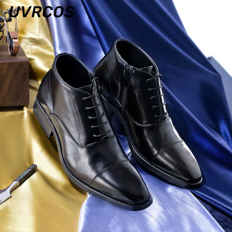 

Business Formal Leather Boots Men Chelsea Fashion Shoes Side Zipper Large Size Mid-tube Lace-up Winter 2022New
