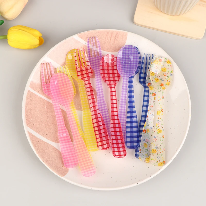 1 Set French Style Retro Plaid Dessert Spoon Fork Plastic Tea Coffee Mixing Spoon Vintage Flowers Teaspoons Dinnerware Sets