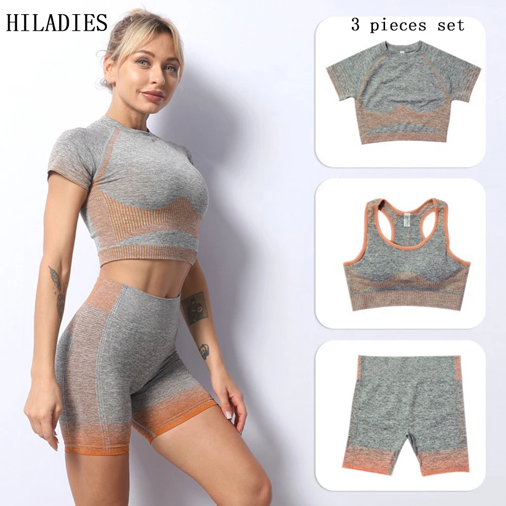 

Yoga Sport Set Women 3PC Workout Bra High Waist Shorts Tights Fitness Suit Gym Wear Clothes Female Sportswear Conjunto Deportivo