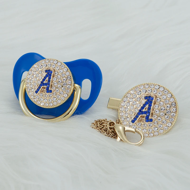 

Золотые 3D инициалы миокар, Синяя Буква A, сверкающая соска и пустышка, зажим без бисфенола А, манекен с блестками, уникальный подарок для ребенка