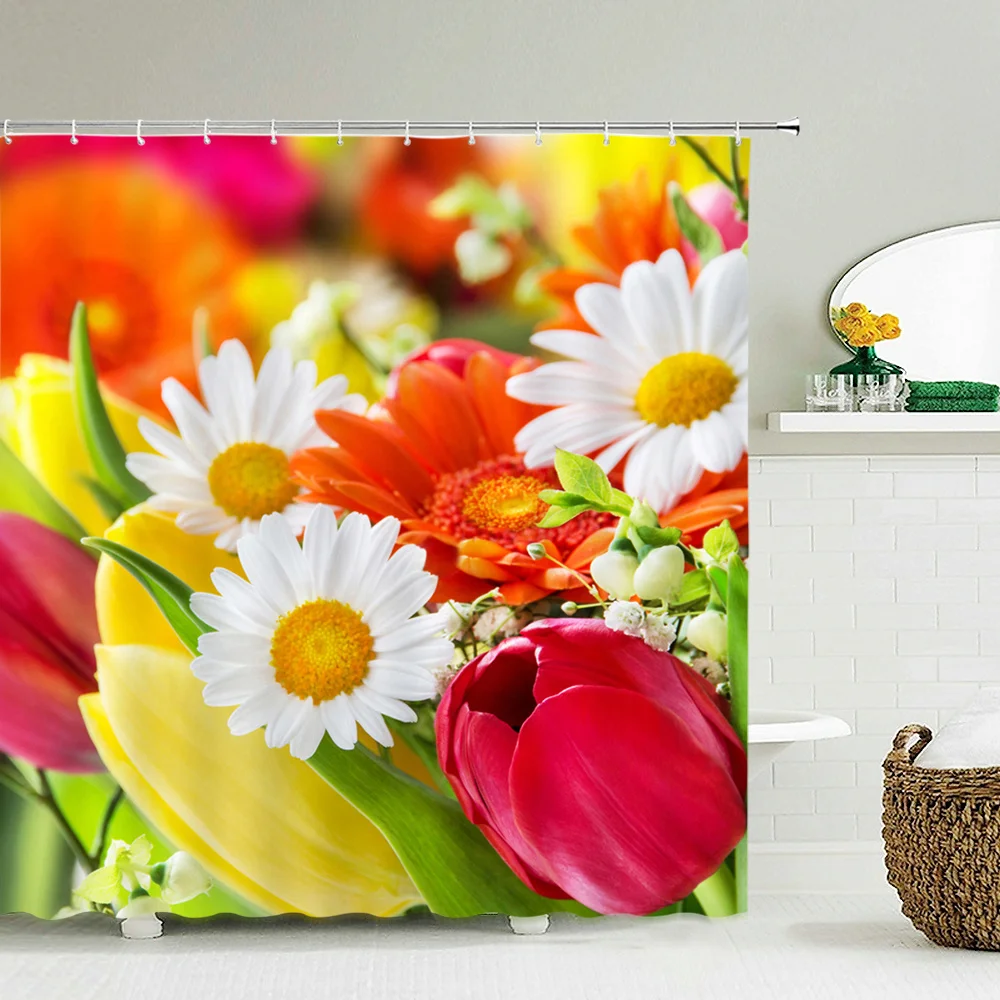 

Summer Floral Shower Curtain with Hooks Daisy Tulip Waterproof Polyester Curtains for Bathroom HD Colorfast Hanging Screen Decor