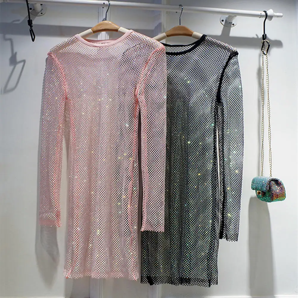 

Женское длинное Сетчатое платье до колена, с кристаллами