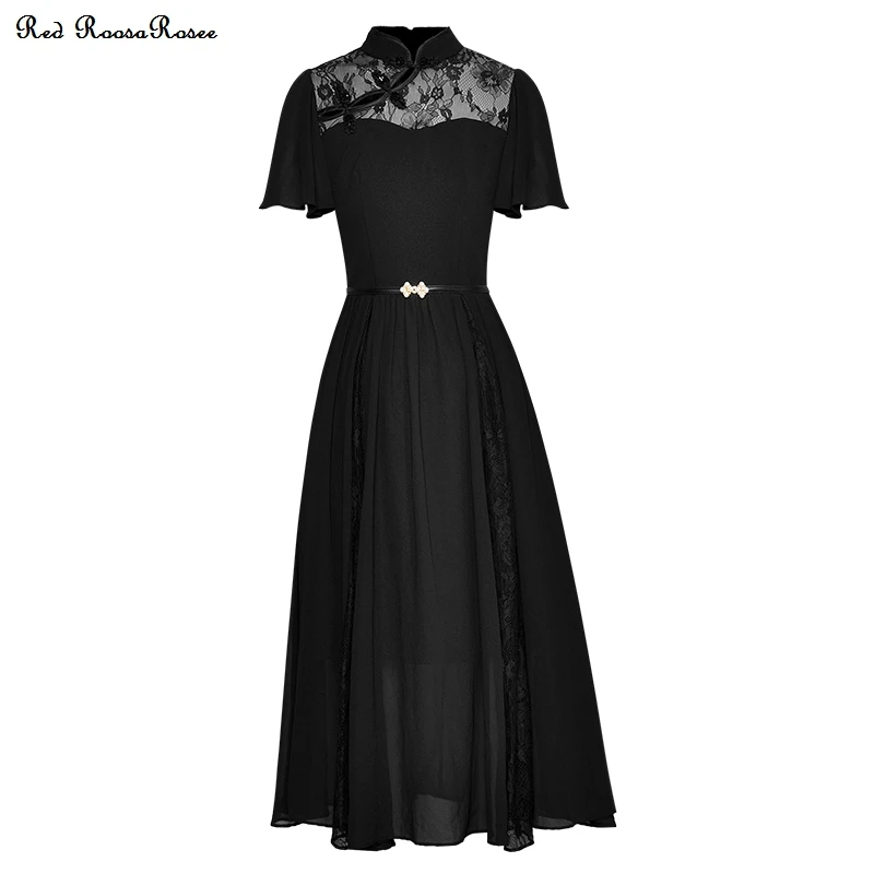 

Red RoosaRosee Stand Collar Sexy Pespective Lace Patchwork White Black Dress Belt 2022 Summer Wemen Designer Vestidos Robe Femme