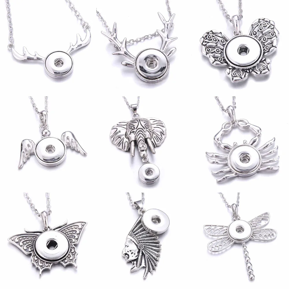 

High Quality Snap Button Jewelry Metal Snap Button Necklaces Butterfly Dragonfly Deer Elephant 18mm Snap Pendant Necklace