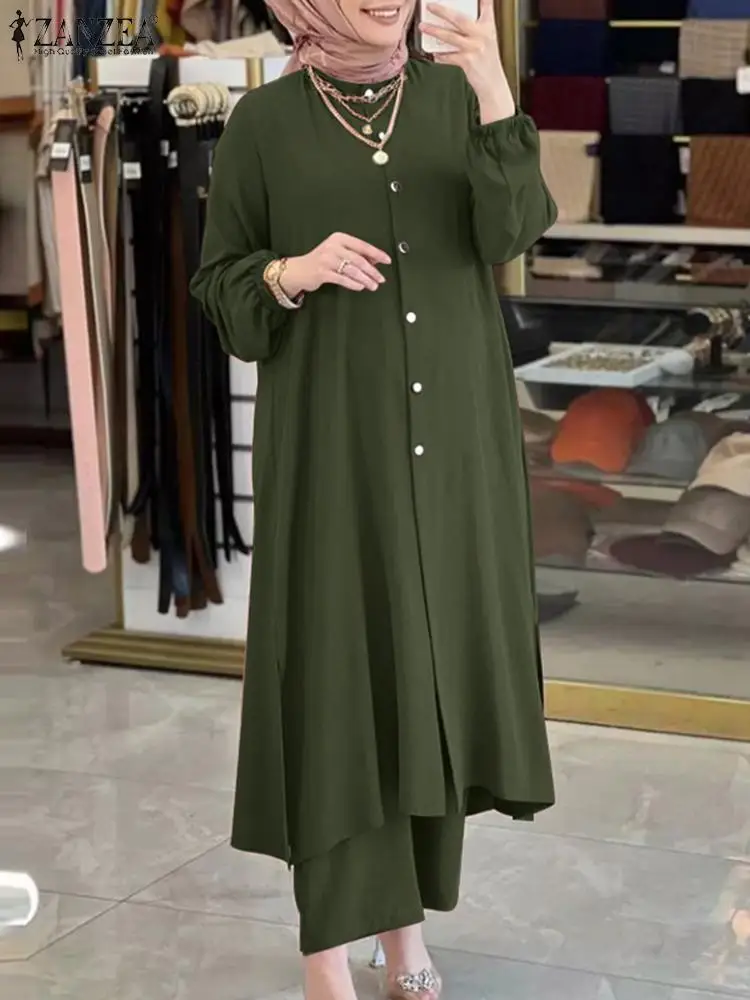 

Spring Long Sleeve Solid Long Shirt Trousers Suits 2PCS Women Muslim Sets ZANZEA Turkey Ramadan Outifits Abaya Urban Tracksuit