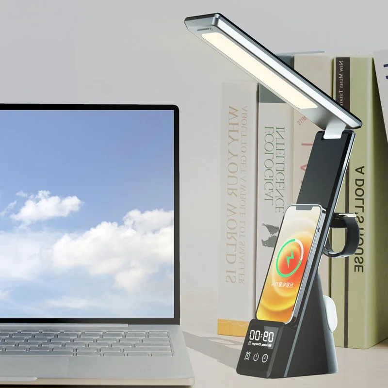 

LED Desk Lamp 3 in 1 Multifunctional Table Lamp 3 Dimable Level Fast Qi Wireless Charger Indoor Folding Reading Light With Clock