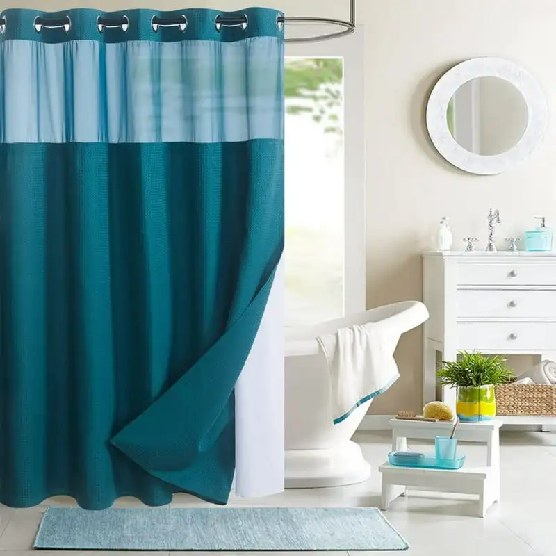 

Required Teal Shower Curtain with Snap-in Liner Waffle Weave Design, Waterproof & Washable, Mesh top Window Easy Snaphook Teal