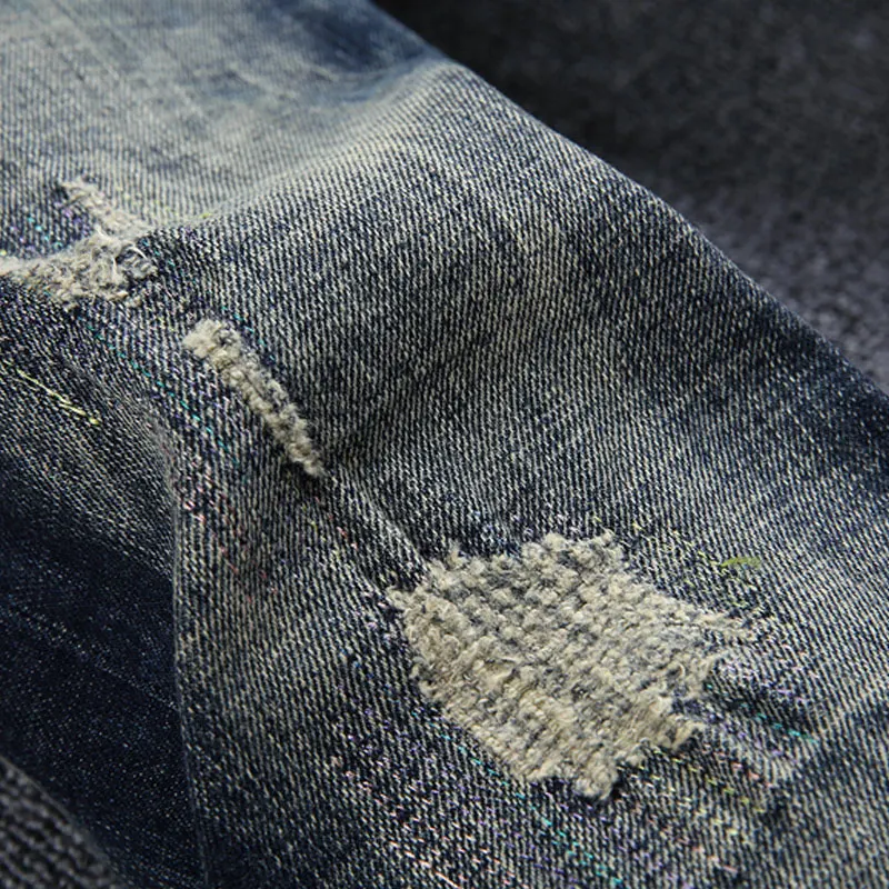 Italian Fashion Designer Men Jeans Retro Black Blue Stretch Slim Fit Ripped Jeans Men Embroidery Patchwork Vintage Pants Hombre