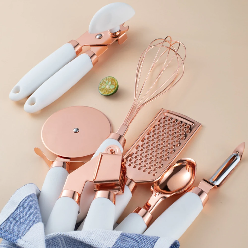 

Rose Gold Kitchen Gadgets Set Stainless Steel Garlic Press Cutter Scoop Peeler Cheese Grater Kitchenware Kitchen Accessories