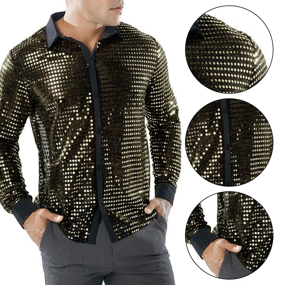 Złota M-2XL Poliester Regularna Retro 70s Disco Cekiny Koszula Błyszcząca Stylowa Zupełnie Nowa Wygodna Gorąca Męska Z Długim Rękawem