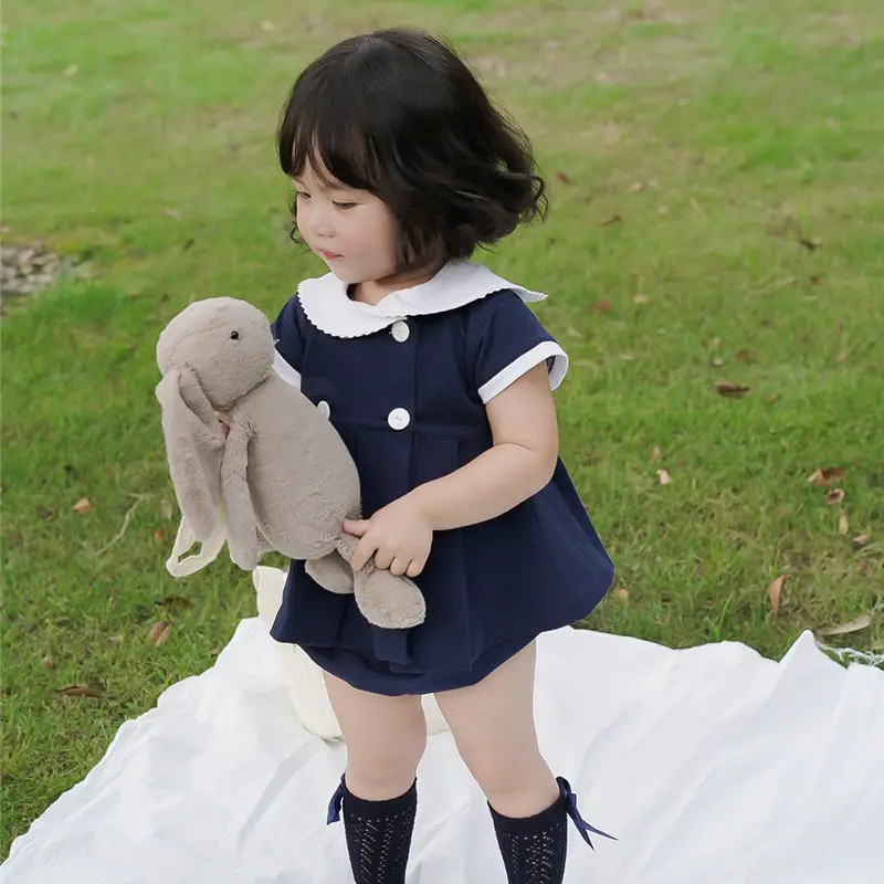 

2022 Summer Kids Girl Clothes Baby 2Pcs Sailor Style Cotton Suit Lapel Tee Shorts Children Set Toddler Casual Matching Outfits