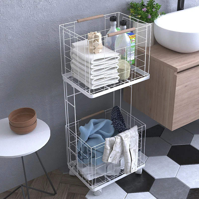 

Large Double Layer Laundry Basket Split Design Storage Basket Moving Pulley Dirty Clothes Breathable Hollow Clothes Organizer