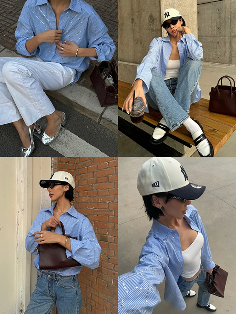 VanessaLab осень/зима свободная повседневная рубашка в синюю полоску с ромбовидным