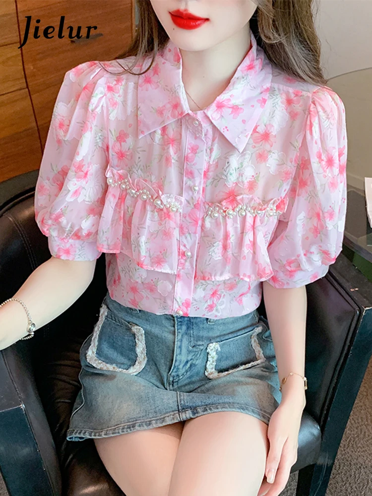 

Jielur New Women's Beaded Floral Chiffon Shirt Summer Korean Sweet Female Ruffled Top Fashion Puff Sleeve POLO Neck Blouses