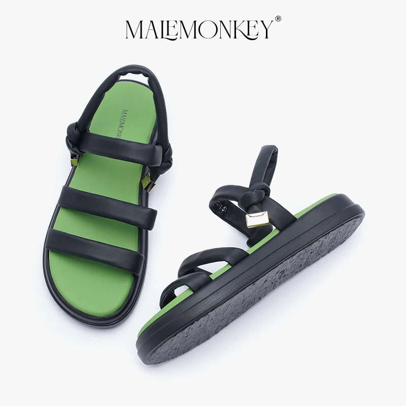 MALEMONKEY Casual Sandals Women Flat 2023 Summer Black Retro Non-slip Roman Sandals Platform Open Toe BeachFemale Shoes Handmade