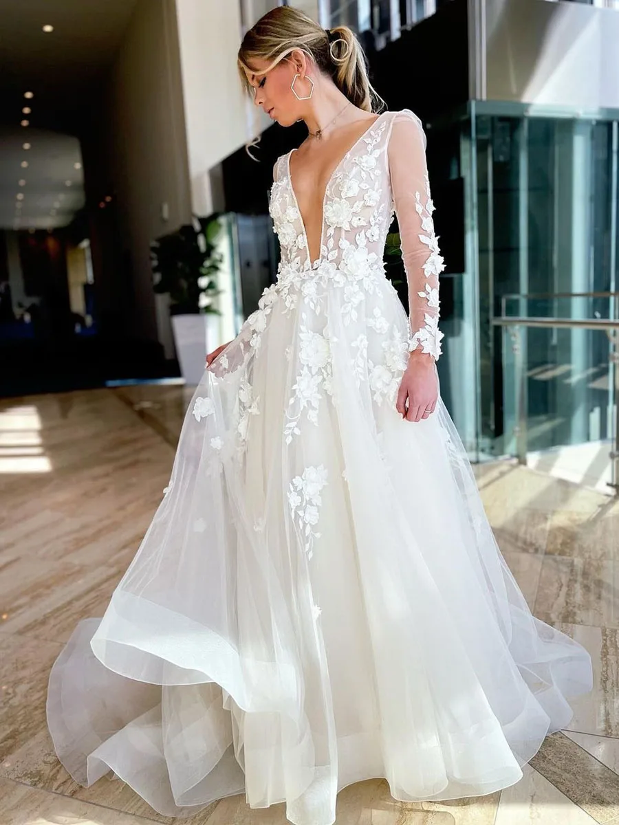 

Modern Lace Mermaid Wedding Dress Long Sleeve V-Neck Sexy Illusion Back Bridal Gown Sexy Deep V Neck Vestidos De Novia Modernos