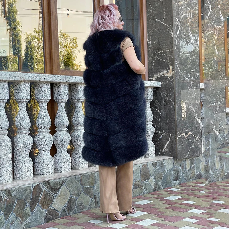 Horizontal Stripes Sleeveless Fox Fur Vest Coat Women Autumn Winter New Streetwear Luxury Genuine Fox real Fur Jacket Female