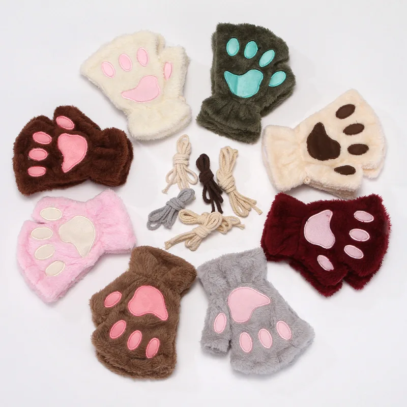 

1Pair Women Girls Lovely Winter Warm Fingerless Gloves Fluffy Bear Cat Plush Paw Claw Half Finger Gloves Mitten New