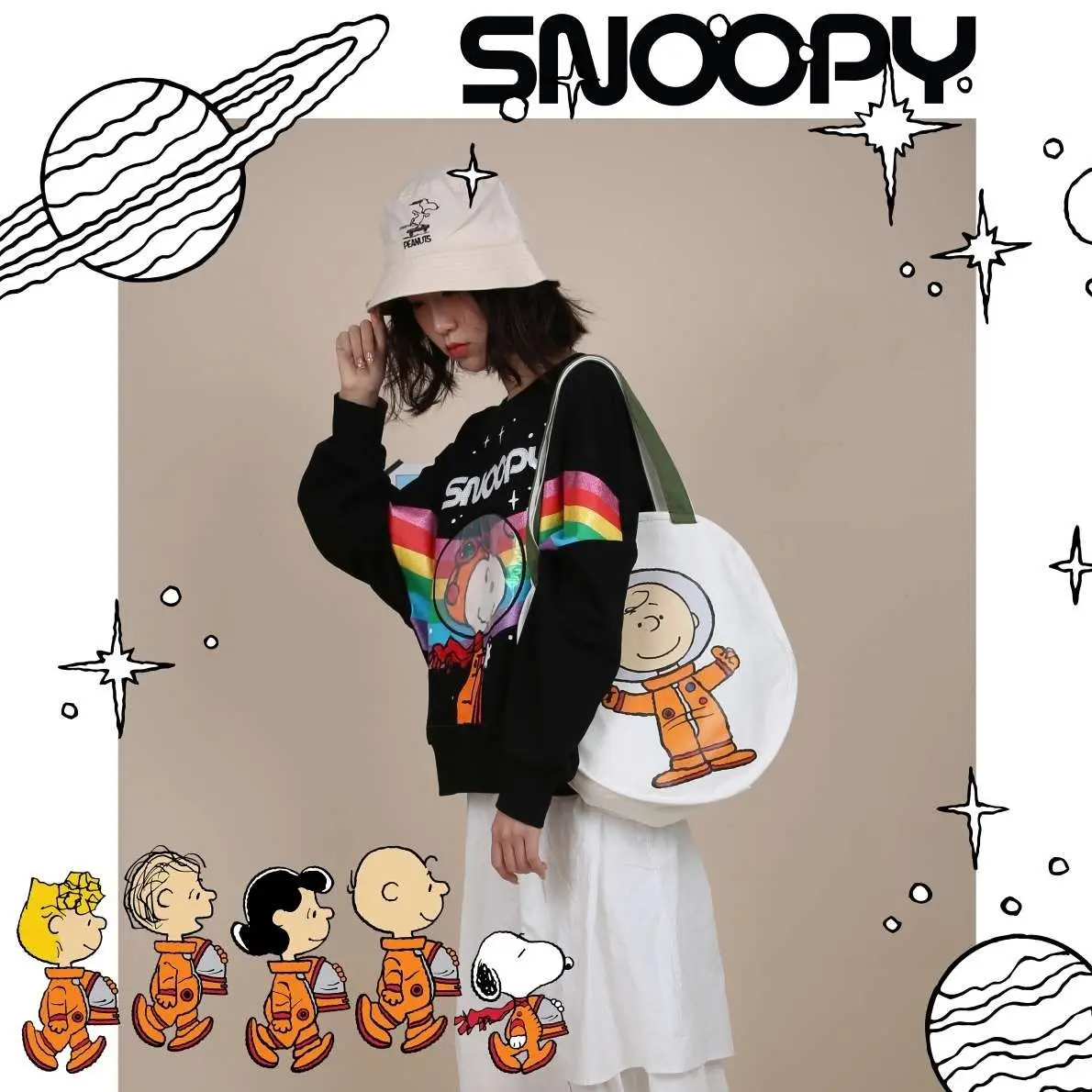 

Tang Sugar Bag/Snoopy Moon Landing Commemorative One-Shoulder Canvas Bag Student Shopping Bag Graffiti Shoulder Bag Bag Female