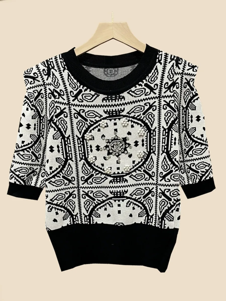 Женские винтажные укороченные пуловеры с бисером летний корейский джемпер