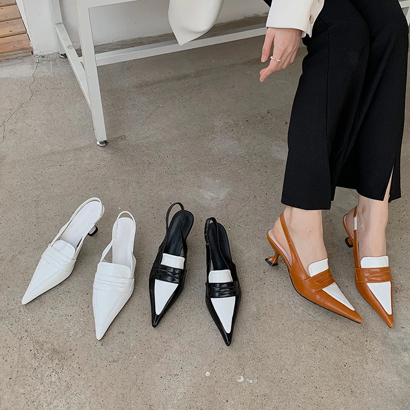 

Pointed Toe Women Sandals Black White Brown Mixed Color Party Thin Mid Heels Elastic Slingback Summer Dress Sandals Party Pumps