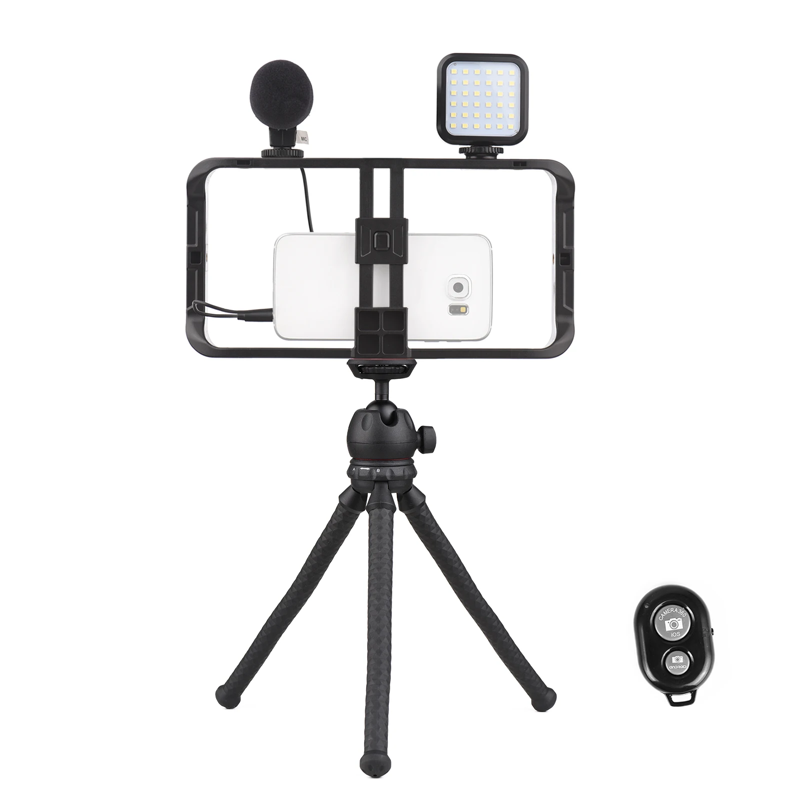 

Dual Handheld Phone Cage Vlog Smartphone Video Rig Stabilizer +Tripod LED Light+ Mic+Remote Control for Vlog Recording Making