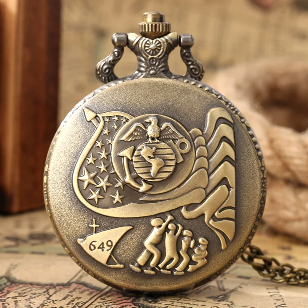 Vintage Bronze Pocket Watch U.S. Army Engraved Souvenirs Gift for Male Quartz Fob Watch Pendant Necklace Analog Creative Clock military theme pocket watch usa air force eagle cover slim necklace cool teens clock unique gift for army fan student reloj hour