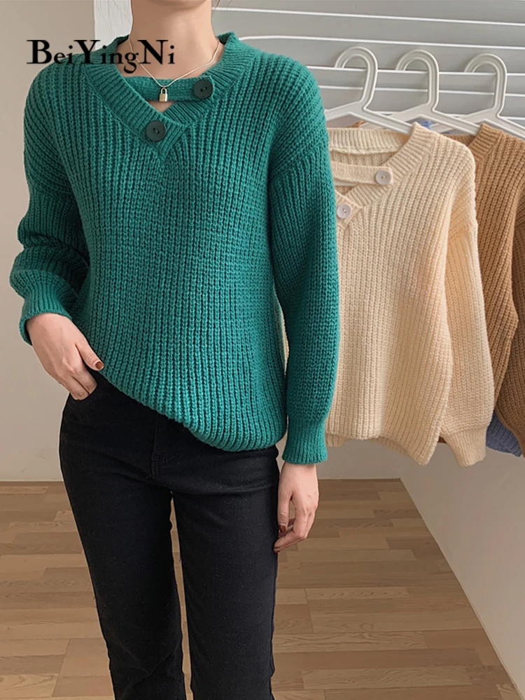 

Beiyingni Thick Warm Sweater for Women Solid Color Loose Oversized Knitwear Pullovers Hollow Out Korean Tops Female 2021 Clothes