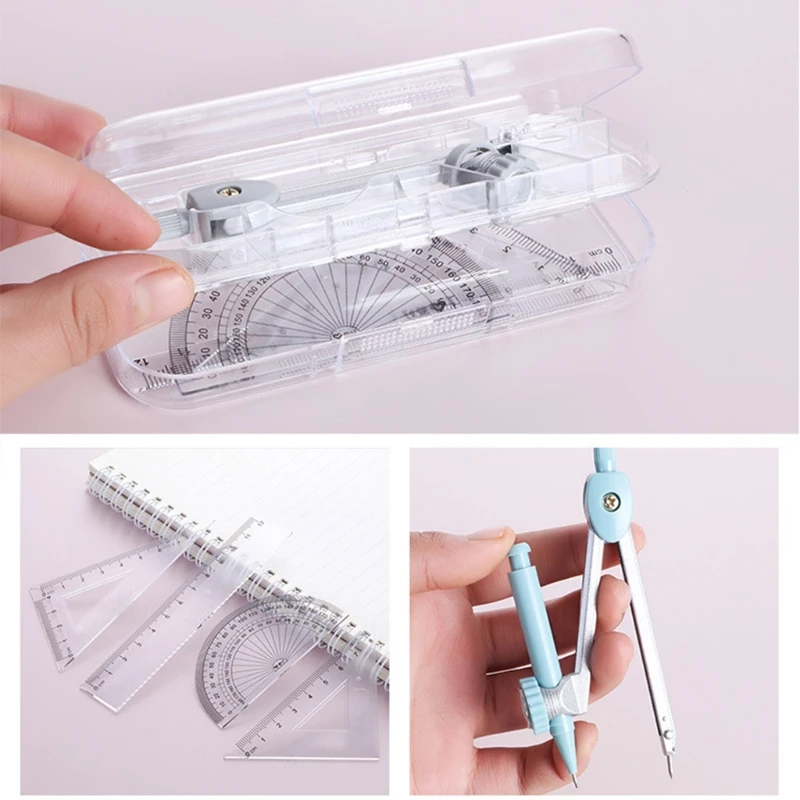

Portable Math Drawing Kit Multi-purpose Compasses Kit Protractor Kit Clear Box Storaged for Students Math Drafting Tool