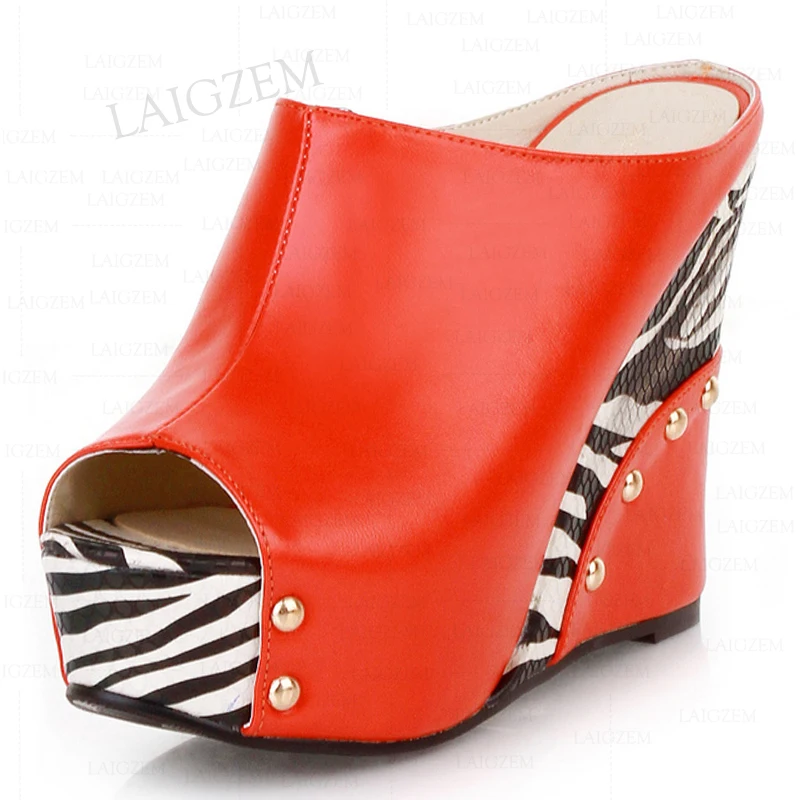 

LAIGZEM Women Platform Sandals Patchwork Studded 11CM Wedges Heels Pumps Peep Toe Summer Ladies Shoes Woman Big Size 33 38 41 43