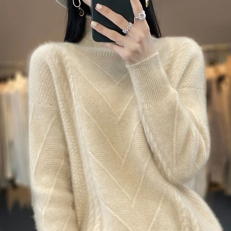 

ATTYYWS 100% pure wool sweater Autumn and winter new semi high collar pullover knitted women's long sleeved cashmere sweater