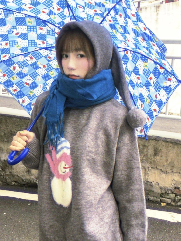 ADAgirl Kawaii Snowman вязаный крючком свитер женский серый трикотаж с капюшоном оверсайз