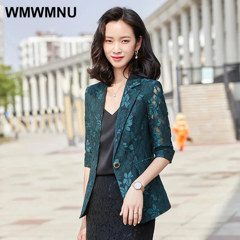 

Oversized 6XL One Piece Blazers For Women‘s OL Elegant Lace Three Quarter Sleeves Suit Coats Summer Blue Vintage Office Outwear