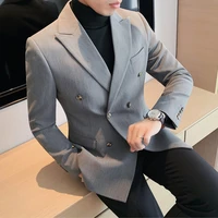 2022british style double breasted men blazers slim wedding business casual suit jacket houndstooth street wear social dress coat