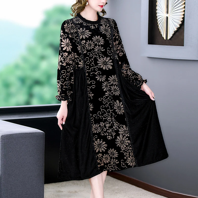 

Autumn Winter Black Floral Velvet Thick Warm Midi Dress Women Korean Vintage Hepburn Dress 2022 New Luxury Elegant Bodycon Dress