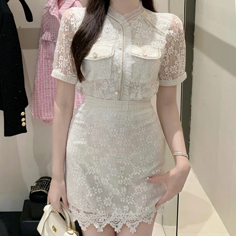 

V-Neck Button Pocket Solid Color Short-Sleeved Comfortable Top Women'S Summer New Temperament Floral Pattern Fashion Skirt Suit