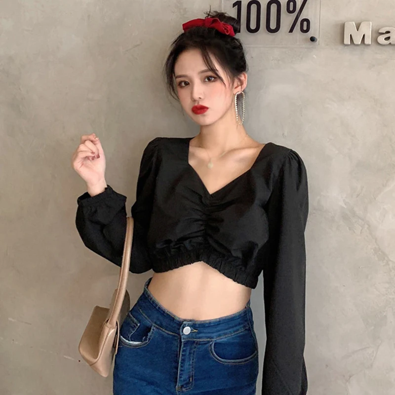 

Женская блузка-рубашка с V-образным вырезом и длинным рукавом