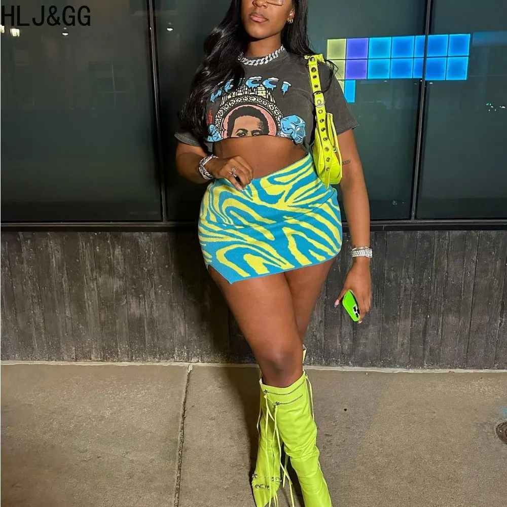 

HLJ Fashion Streetwear Women Round Neck Short Sleeve Crop Top And Skirts Two Piece Sets Casual Female Y2K Matching 2pcs Outfits