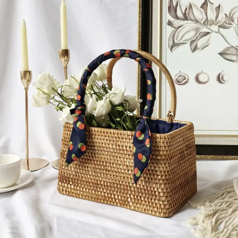 

Handmade Rattan Tote Bag Tea Bag Picnic Portable Ladies Handbags