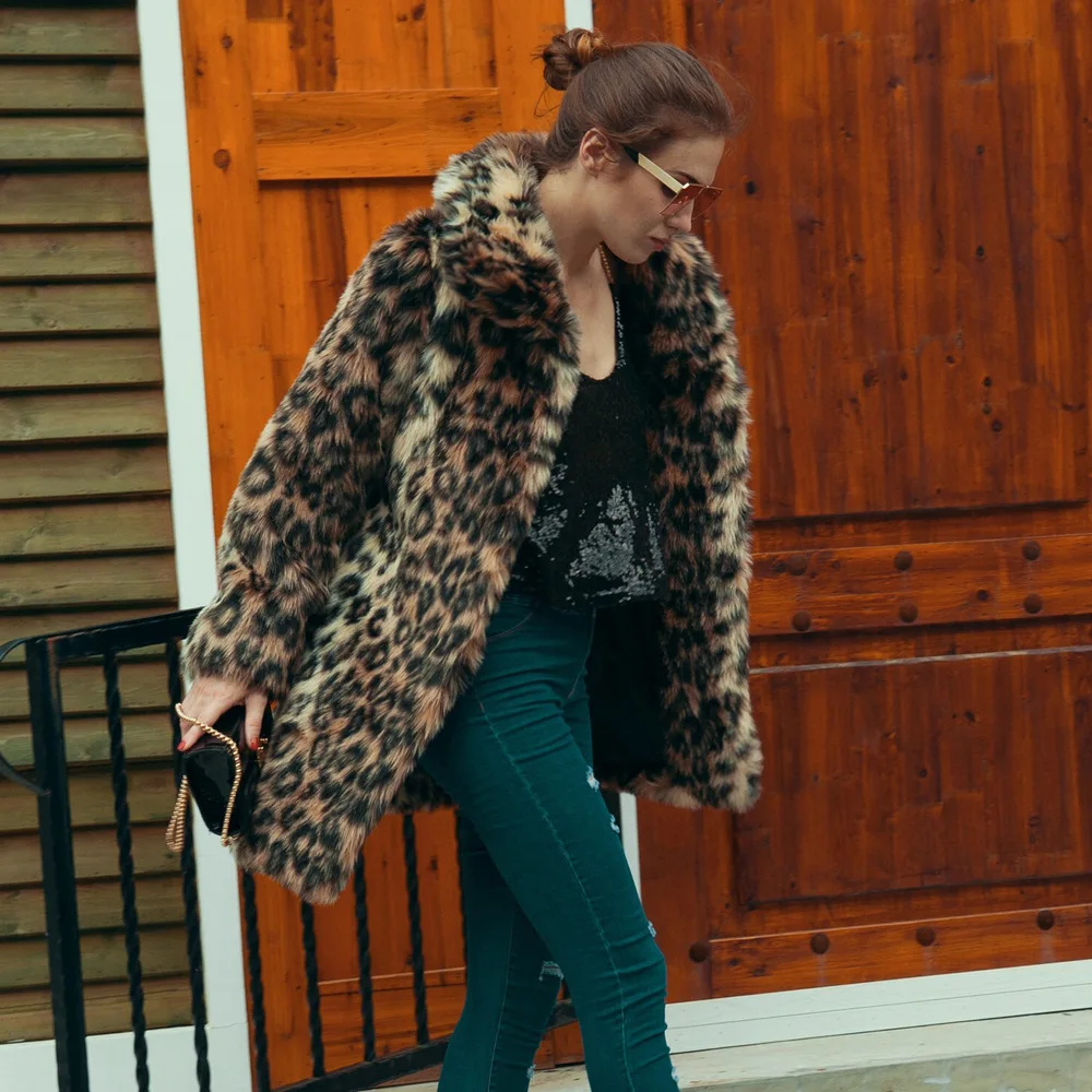 Women's Leather Fur Coat Lapel Leopard Print Imitation Fur Fur Coat Coat Thickened Fall Winter Coat Faux Fur Coat