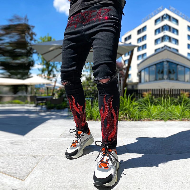 Men's Ripped Skinny Jeans Black Slim Fit Hole Pencil Pants Hot Drill Biker Trousers Streetwear High Quality Denim Man Clothing