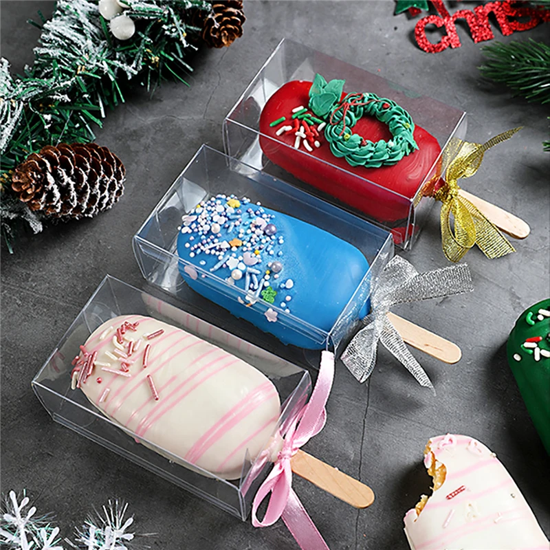

50PCS Transparent Cakesicle Boxes Ice Cream Shaped Boxes Pastry Ice Cream Cake Dessert Clear Plastic Folding Boxes Cake Decor