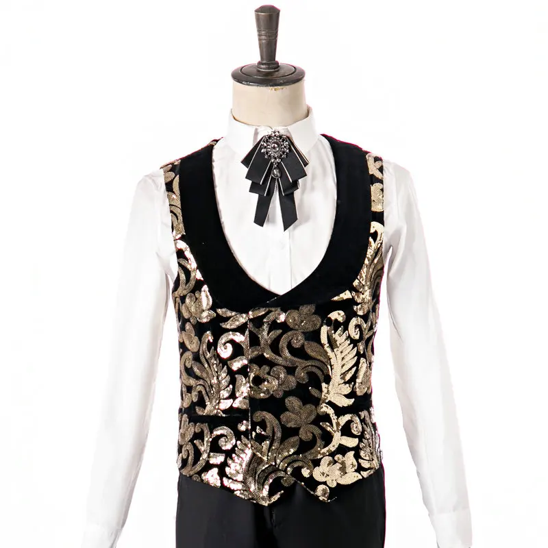 

2022 г., свадебное платье с золотыми пайетками, двубортный жилет, мужской модный Дизайнерский Костюм для жениха, вечерние праздничный мужской ...