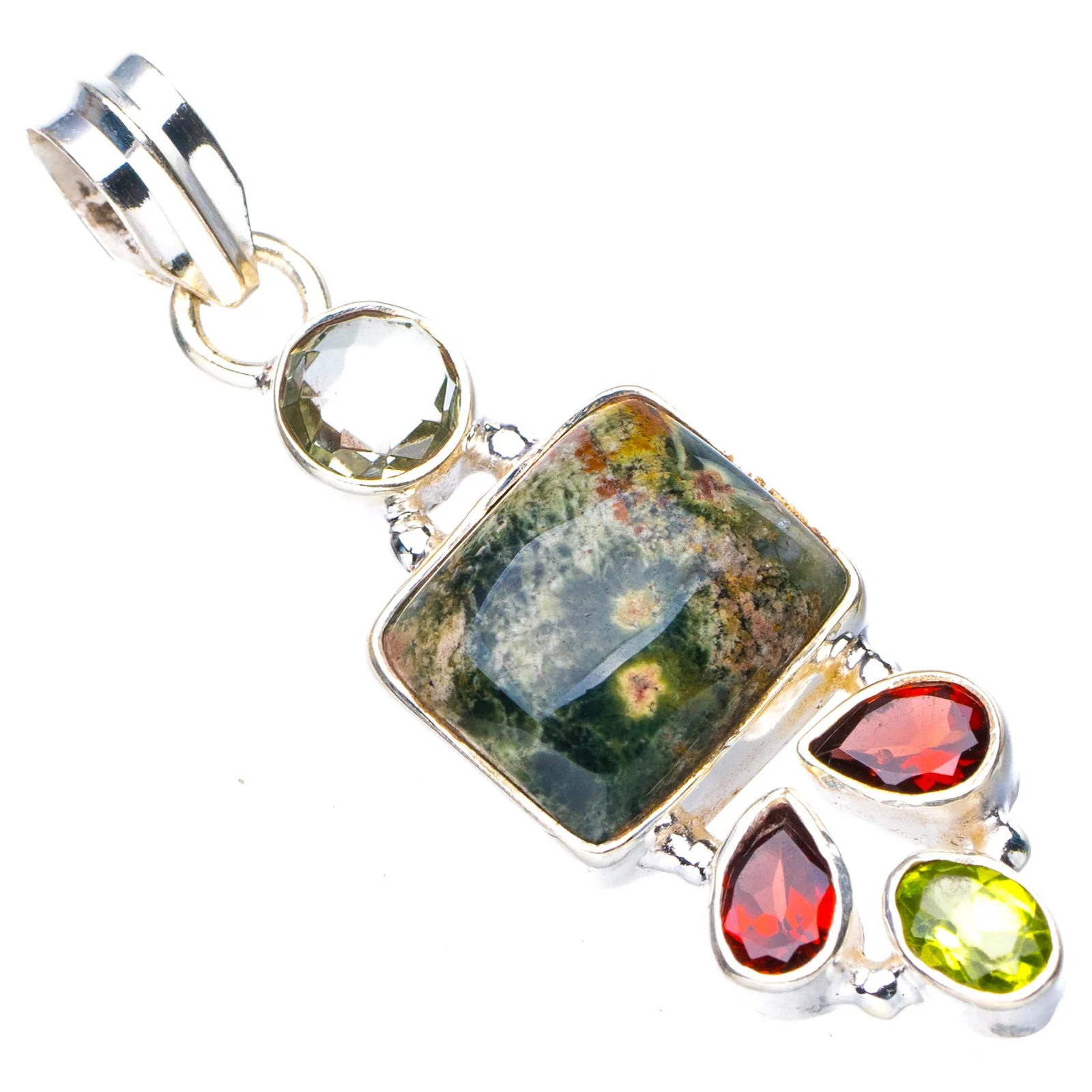 

StarGems Natural Ocean Jasper Green Amethyst,Garnet And Peridot Handmade 925 Sterling Silver Pendant 1.75" E4359