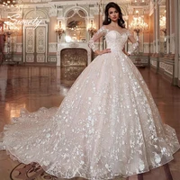 luxury wedding dress ball gown with embroidery elegant o neck full sleeve wedding gowns crystal lace up white vestido de noiva