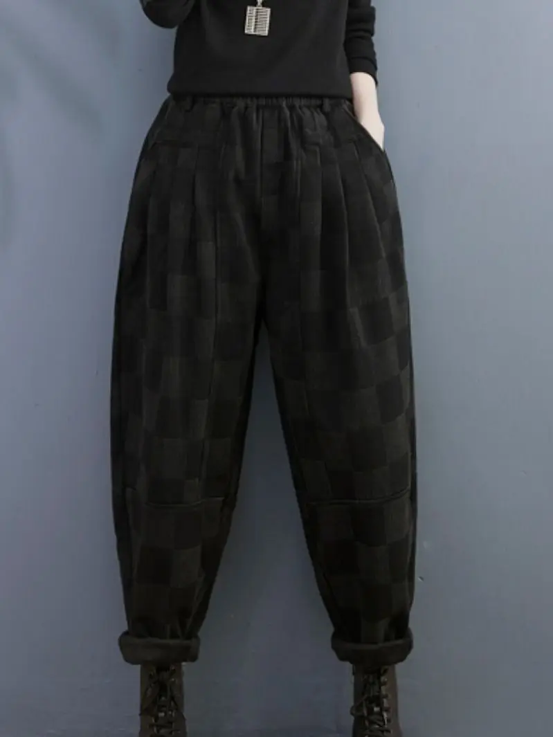 

Женские осенне-зимние флисовые джинсы в Корейском стиле ретро в клетку Свободные повседневные мешковатые брюки с эластичным поясом винтажные джинсовые шаровары