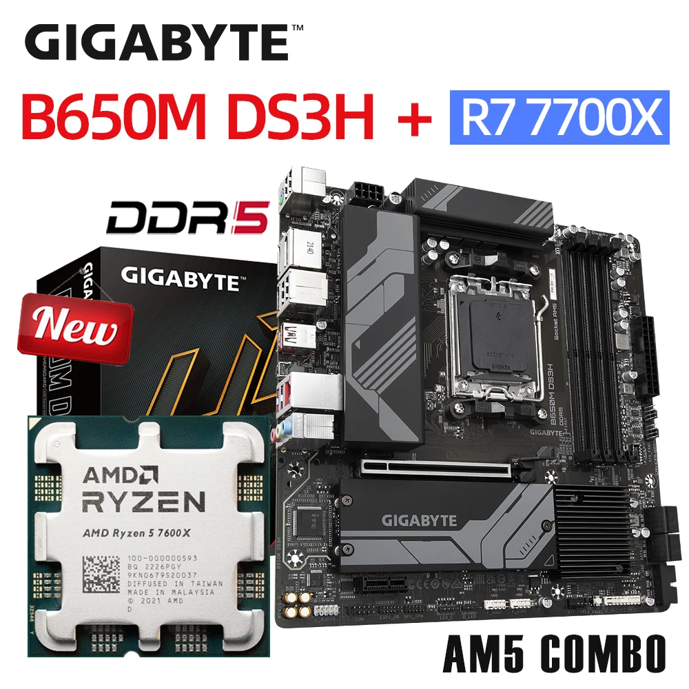 

Gigabyte AM5 Motherboard B650 DDR5 B650M DS3H + RYZEN 7 7700X CPU Combo Suit Micro-ATX Desktop Board With R7 7700X PCIe 4.0 M.2