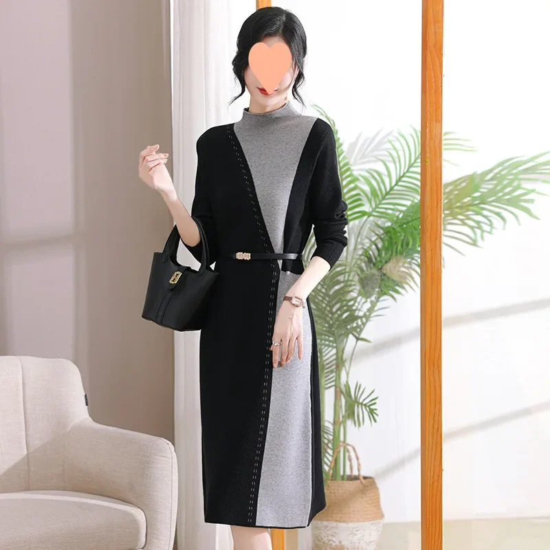 Autumn/Winter New High-End Versatile Fashionable Women's Sweater Dress Long Over-Knee Knitted Top With Belt