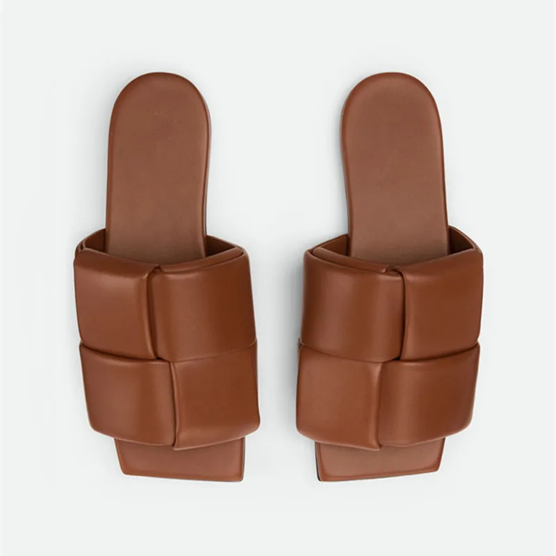 Women's slippers 2023 spring and summer fashion new casual woven plaid leather large bottomed slackers' open-toe slippers