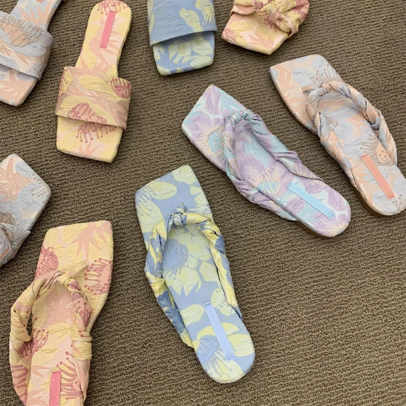 Romantic Floral Print Chiffon Slipper Woman Summer New Luxury Outdoor Flip Flops Ladies Elegant Flower Bowknot Flat Slide Sandal